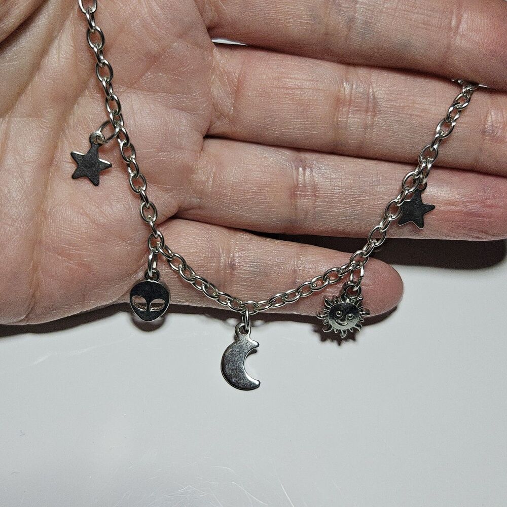 *Sale* Silver Tone Celestial Pendant Necklace Sun Moon Stars Alien 16-20"